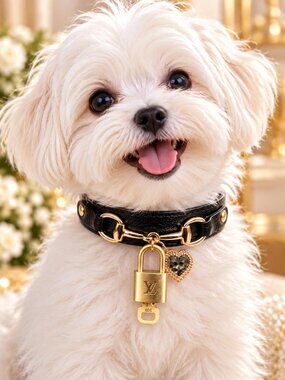 Authentic Louis Vuitton Gold Padlock & Key + Unbranded Pet Collar Dog Cat